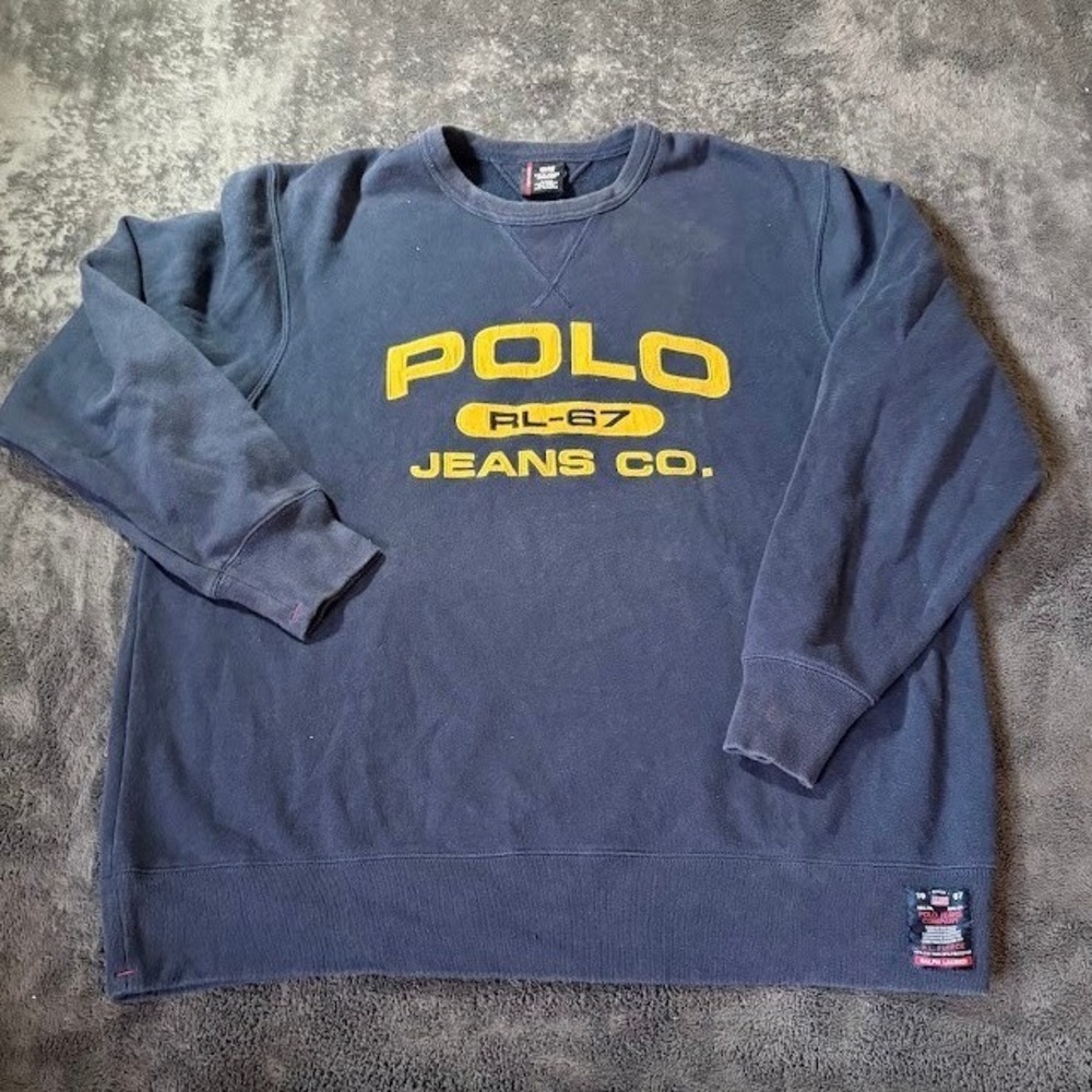 Polo Jeans Co Ralph Lauren Sweatshirt Mens Large Navy Blue RL-67 Spellout Fleece